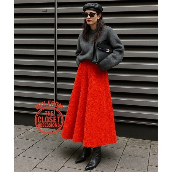 ZARA Floral Voluminous Midi Skirt NWT | Red Textured A-Line - Picture 3 of 16